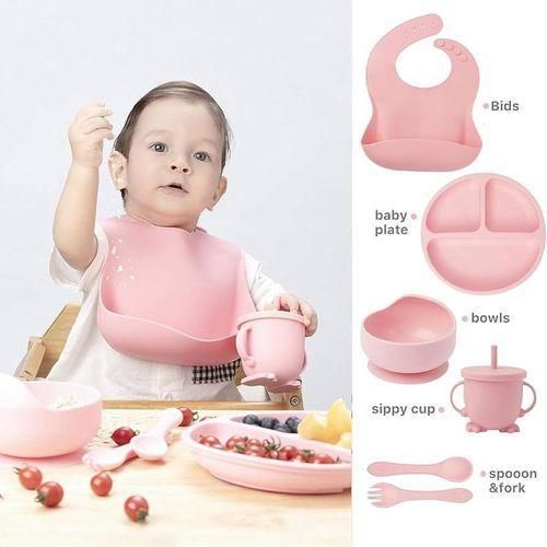 Food Grade Silicone Children's Tableware Set Baby Food Bowl Fork Spoon Bib round Partition Dinner Plate Supplementary Food Kit