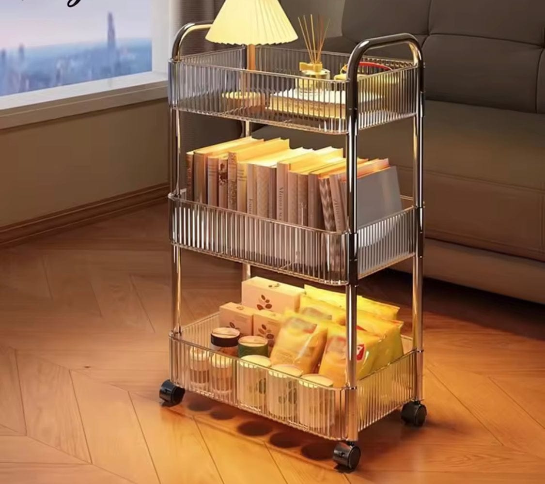 3-Tier Clear Acrylic Storage Cart with 360° Swivel Wheels - Durable, Space-Saving Design for Home